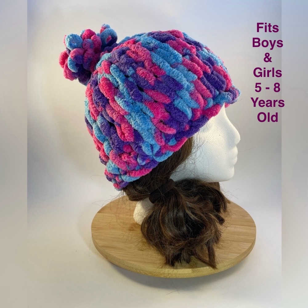 Handmade Kid’s Super Soft & Cozy Winter Hat With Loopy Pom-Pom- Pink/Purple/Blue